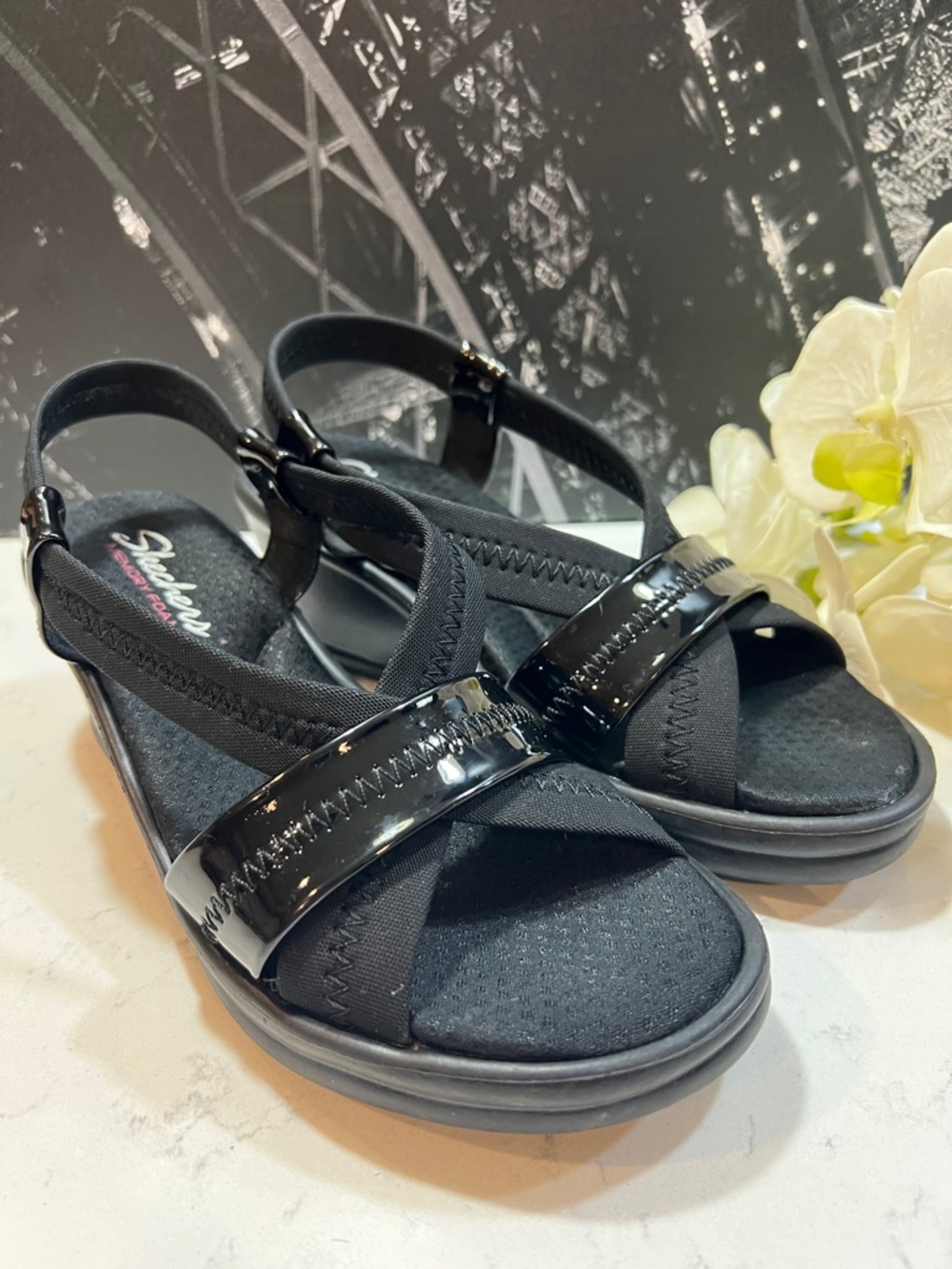 Skechers Memory Foam Slingback black wedge sandals size 9